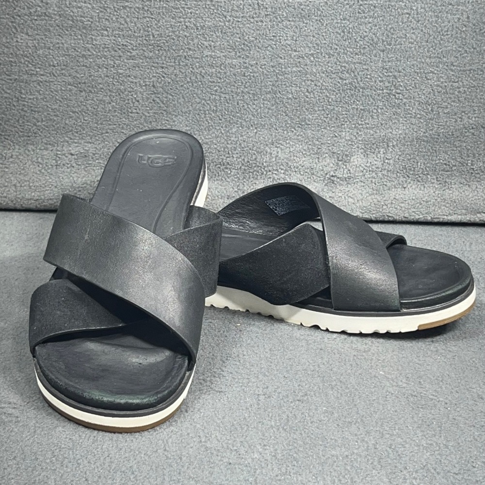 UGG‎ Cross Strap Leather Slides Sandals Womens Platform Black Casual Comfort
